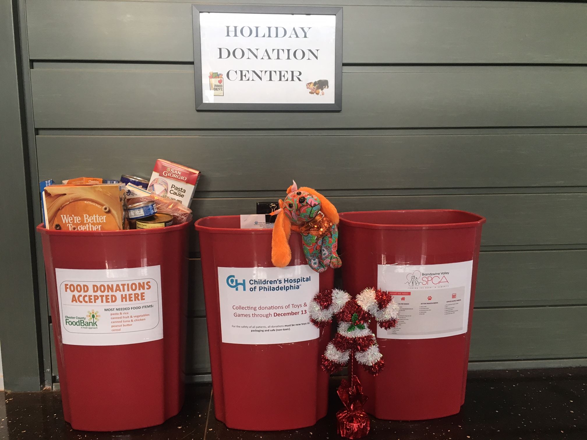 Donation bins and sign